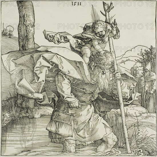 Saint Christopher, 1511, Albrecht Dürer, German, 1471-1528, Germany, Woodcut in black on ivory laid paper, 211 x 212 mm