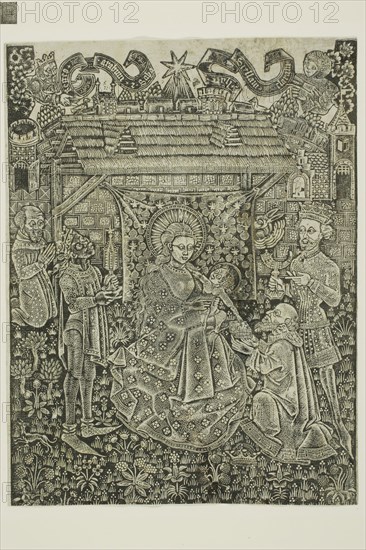 Adoration of the Magi, 1425–50, Unknown Artist, German, 15th century, Germany, Metalcut on paper (dotted manner), 237 x 178 mm (sheet)