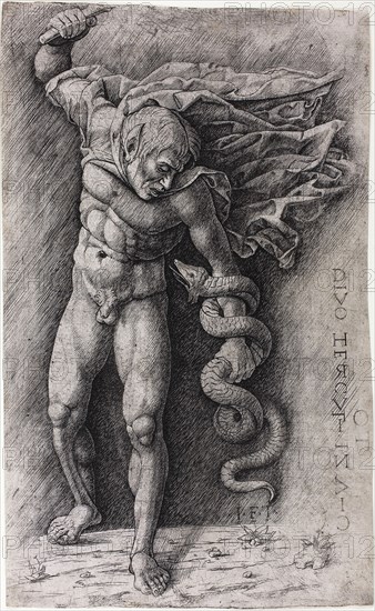 Faun Attacking a Snake, c. 1500, School of Andrea Mantegna, Italian, 1431-1506, Italy, Engraving in black on ivory laid paper, 292 × 183 mm