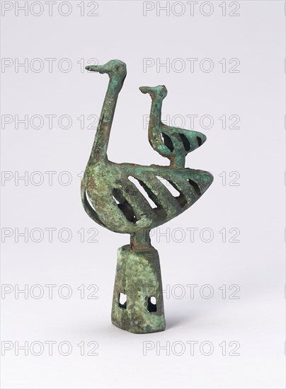 Pole Top with Double Bird-Shaped Bell (one of pair), 6th/4th century B.C., Northern China or Inner Mongolia, China, Bronze, 18.8 × 10.5 cm (7.4 × 4.1 in.)