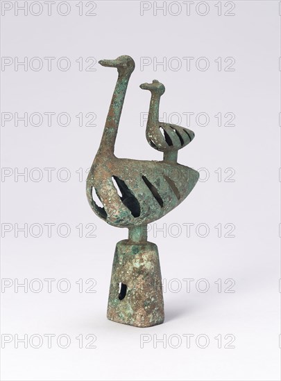 Pole Top with Double Bird-Shaped Bell (one of pair), 6th/4th century B.C., Northern China or Inner Mongolia, Northern China, Bronze, 19.2 × 10.5 cm (7 1/2 × 4 1/8 in.)