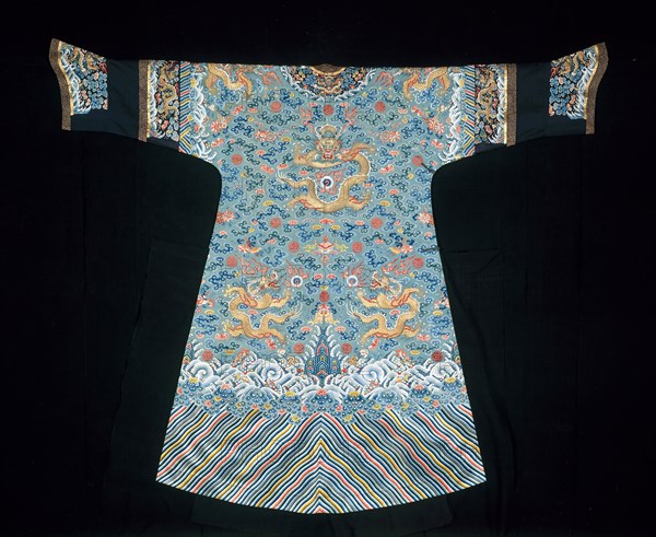 Empress’ Jifu (Semiformal Court Robe), Qing dynasty (1644–1911), 1840/60, Manchu, China, Silk, warp-float faced 2:1 'S' twill weave, embroidered with silk, gold-leaf-over-lacquered-paper-strip-wrapped silk, and gilt- and silvered-metal-strip-wrapped silk in knot, satin, and stem stitches, laid work and couching, sleeves: silk, weft-float faced 1:5 and warp-float faced 2:1 twill damask weave, edging and closures: silk and gold-leaf-over-lacquered-paper-strip-wrapped silk, warp-float faced 5:1 satin weave with weft-float faced 1:2 'Z' twill interlacings of secondary binding warps and supplementary patterning wefts, lined with silk, plain weave, metal buttons, 151.4 × 188 cm (59 1/2 × 74 in.)