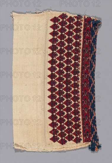 Fragment (From a Border), 19th century, Greece, Attica, Attica, Cotton, plain weave, embroidered with cotton in double running, satin, and stem stitches, edged with cotton, oblique interlacing tape, 21.5 × 33.9 cm (8 1/2 × 13 3/8 in.)