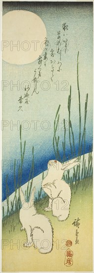 Rabbits under full moon, c. 1830s, Utagawa Hiroshige ?? ??, Japanese, 1797-1858, Japan, Color woodblock print, chutanzaku, 37 x 12.5 cm