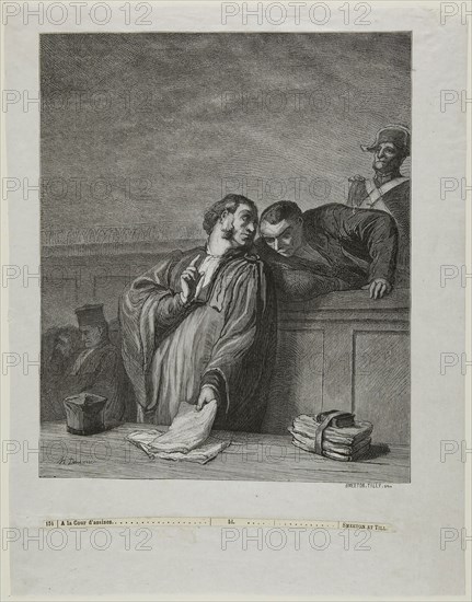 À la cour d’assises: L’avocat, debout, s’entretenant avec l’accusé, 1878, Burn Smeeton (British, 19th century) and Auguste Tilly (French, died 1898), after Honoré Victorin Daumier (French, 1808-1879), published by L’Art, France, Wood engraving on grayish-ivory China paper, 214 × 177 mm (image), 281 × 219 mm (sheet)