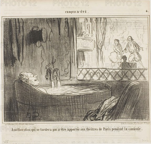 Proposal for improvement for the theatres in Paris, which will not fail to have its effect during the dog days, 1859, Honoré Victorin Daumier, French, 1808-1879, France, Lithograph in black on ivory wove paper, with letter press, verso, 206 × 283 mm (image), 275 × 286 mm (sheet)