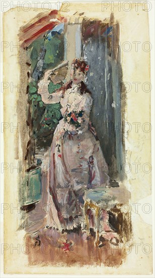 The Corner of the Balcony, c. 1877, Alfred Stevens, Belgian, 1823-1906, Belgium, Gouache with pen and black ink, on ivory wove paper, laid down on white Japanese paper, 294 × 161 mm