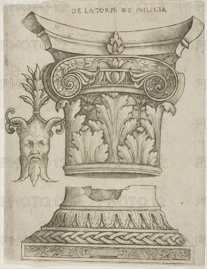 Architectural Details: Base, Capital, and Mask, c. 1515, or later, Giovanni Antonio da Brescia, Italian, c. 1460-c. 1520, Italy, Engraving in dark brown on ivory laid paper, 141 x 108 mm