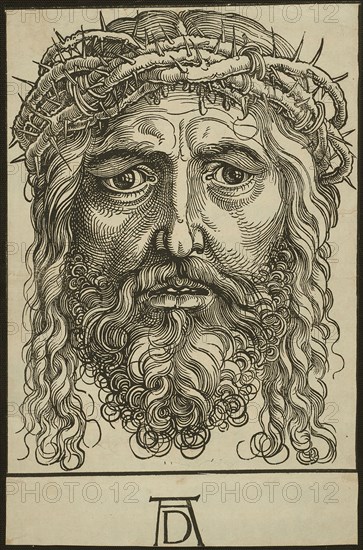Head of Christ Crowned with Thorns, c. 1535, Sebald Beham, German, 1500-1550, Germany, Woodcut in black on cream laid paper, 427 x 322 mm (block), 493 x 322 mm (sheet)