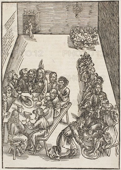 The Last Supper and Christ Washing the Feet of His Disciples, plate nine from Passio domini nostri Jesu Christi, c. 1503, Urs Graf, the Elder (Swiss, 1485-1527/28), published by Johann Knobloch (German, born Switzerland, died 1528), Switzerland, Woodcut on ivory laid paper with letterpress on verso, 219 x 154 mm