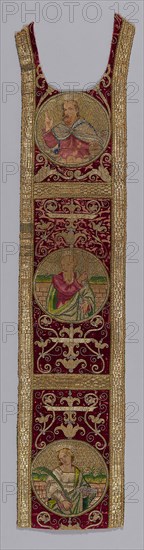 Orphrey Band, 17th century, Italy, Hemp and linen plain weave, appliquéd with silk, broken warp chevron twill weave cut, solid velvet, embroidered with silk and gilt- and silvered-metal-strip-wrapped silk in satin and split stitches, laidwork, couching padded couching, 118.8 x 26.6 cm (46 3/4 x 10 1/2 in.)
