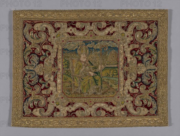 Panel, c. 1560, Italy, Silk, velvet weave over linen, plain weave, lined with silk damask weave, embroidered in silk and gilt and silver metal wrapped on silk core, 40 x 54.6 cm (15 3/4 x 21 1/2 in.)