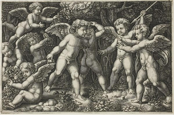 Game of Cupids, 1533, Master of the Die (Italian, active c. 1530-1560), after Raffaello Sanzio, called Raphael (Italian, 1483-1520), Italy, Engraving, printed in black, on paper, 186 x 286 mm