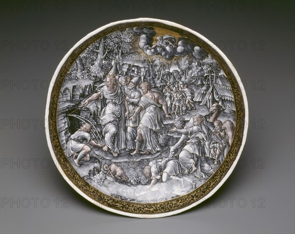 Tazza with Moses Striking Water from the Rock, 1570/75, Master I. C. (French, active 1553-85), Limoges, Painted enamel on copper with gilding, H: 13 cm (5 1/8 in.), Diameter: 24.6 cm (9 3/4 in.)