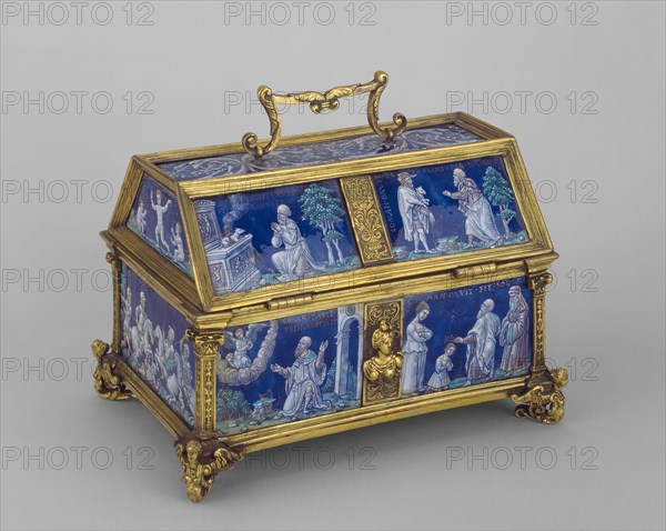 Casket with Scenes of David and Solomon, 1513-after 1584, Attributed to the workshop of Pierre Reymond, French, Limoges, Painted enamel on copper, gilded bronze mounts, 16.5 × 10.8 cm (6 1/2 × 4 1/4 in.)