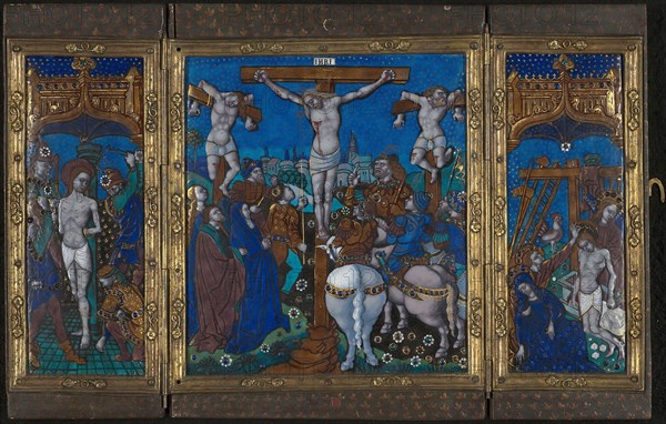 Triptych with The Crucifixion, The Flagellation, and The Entombment, c. 1500, French, Limoges, Limoges, Painted enamel and gold on copper, central plaque: 18.9 × 17.2 cm (7 7/16 × 6 3/4 in.), wings: 18.9 × 7.4 cm (7 7/16 × 2 15/16 in.)