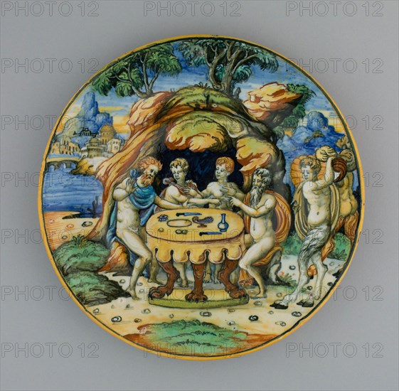 Plate with Theseus in the House of Achelous, from the Lancierini Service, 1540/50, Italian, Urbino, Italy, Tin-glazed earthenware (maiolica), Diameter: 23.5 cm (9 1/4 in.)