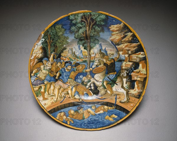 Plate with Horatio at the Bridge, c. 1535, Italian, Urbino, Urbino, Tin-glazed earthenware (maiolica), Diameter: 26 cm (10 1/4 in.)
