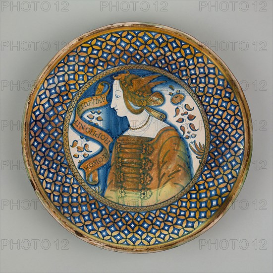Display Plate with the Bust of a Woman, 1500/30, Italian, Deruta, Italy, Tin-glazed earthenware with copper luster (maiolica), Diameter: 43.2 cm (17 in.), H: 9.5 cm (3 3/4 in.)