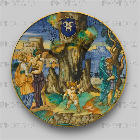 Plate with Narcissus, Echo, Cupid, c. 1530, Francesco Xanto Avelli (Italian, active about 1525-1542), Urbino, Tin-glazed earthenware (maiolica), Diameter: 26.7 cm (10 1/2 in.)