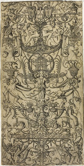 Panel of Ornament with a Birdcage, c. 1507, Nicoletto da Modena, Italian, active c. 1500-c. 1520, Italy, Engraving on paper