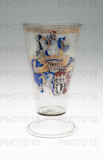 Beaker, 1573, German, Germany, Colorless glass and enamel, 25.1 × 13.7 cm (9 7/8 × 5 3/8 in.), Wt. 558.6 g (18 oz.)