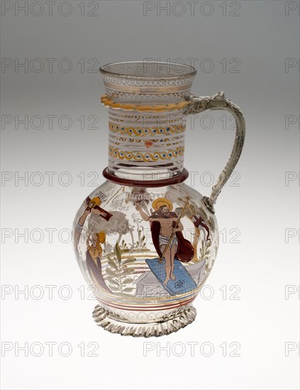 Wine Jug with the Lamb of God, c. 1630, Germany, Glass with enamel decoration, 22.9 x 9.5 cm (9 x 3 3/4 in.)