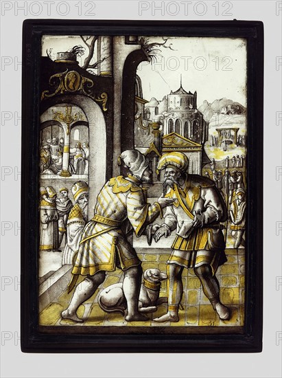 Mordechai Overhears the Conspiracy from the Story of Esther, c. 1525, Circle of Pieter Cornelisz (1498/90, 1560/61) or Lucas van Leyden (1489-1533), Northern Netherlandish, Netherlands, Glass, paint, silver stain, lead, 27.5 x 19.2 cm (10 13/16 x 7 9/16 in.)