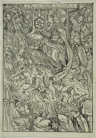 The Fall of Lucifer and the Rebel Angels (verso), The Gathering of the Angels (recto), pages three and two from the Treasury (Schatzbehalter), 1491, Michael Wolgemut and Workshop (German, 1434/37–1519), published by Anton Koberger (German, 1440–1513), Germany, Woodcuts on ivory laid paper, 250 × 175 mm (image/block, recto and verso), 267 × 184 mm (sheet), Pris derrière l’Hôtel de Ville, c. 1867, Charles Soulier, French, 1840-1875, France, Albumen print, from the album "Paris et ses environs