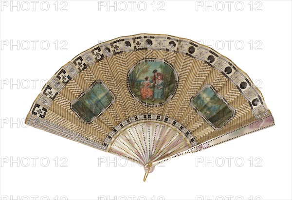 Fan, 19th century, France, Mother of pearl (?), ribs, slips, and guardsticks, painted, silk, plain weave, painted, appliquéd with gilt- and silvered-metal spangles, gold leaf, 19.4 × 35.2 cm (7 5/8 × 13 7/8 in.)