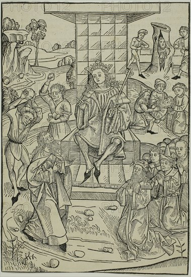The Stoning of Zacharias and Isaias, page 9 from the Treasury (Schatzbehalter), 1491, Michael Wolgemut and Workshop (German, 1434/37–1519), published by Anton Koberger (German, 1440–1513), Germany, Woodcut on ivory laid paper with letterpress on verso, 250 x 173 mm