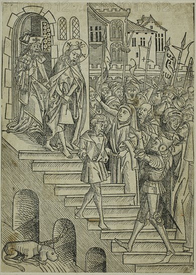 Christ Presented to the People, page 73 from the Treasury (Schatzbehalter), 1491, Michael Wolgemut and Workshop (German, 1434/37–1519), published by Anton Koberger (German, 1440–1513), Germany, Woodcut on cream laid paper with letterpress on verso, laid down on album page, 250 x 176 mm (image/block/sheet), 442 x 300 (album sheet)
