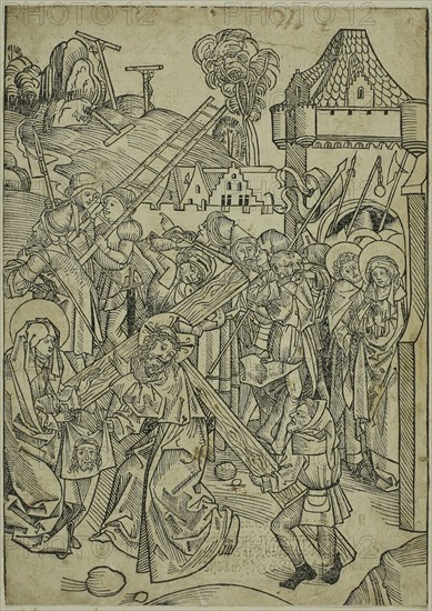 Christ Bearing the Cross, page 81, from the Treasury (Schatzbehalter), 1491, Michael Wolgemut and Workshop (German, 1434/37–1519), published by Anton Koberger (German, 1440–1513), Germany, Woodcut on cream laid paper, laid down on ivory wove album sheet, 247 x 175 mm (image/block/sheet), 446 x 300 mm (album sheet)