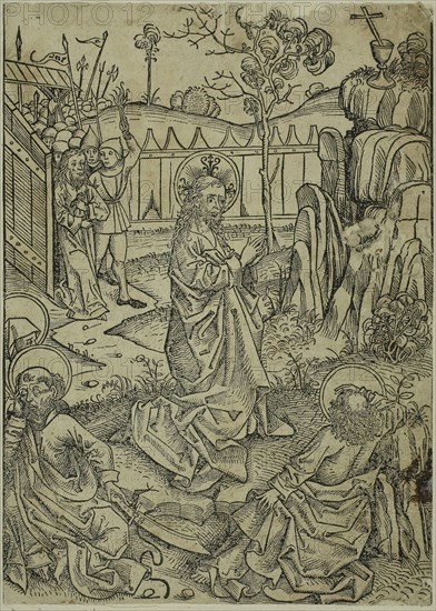 Christ on Mount of Olives, page 52 from the Treasury (Schatzbehalter), 1491, Michael Wolgemut and Workshop (German, 1434/37–1519), published by Anton Koberger (German, 1440–1513), Germany, Woodcut on cream laid paper with letterpress on verso, laid down on ivory wove album sheet, 245 x 175 mm (image/block/sheet), 438 x 300 mm (album sheet)