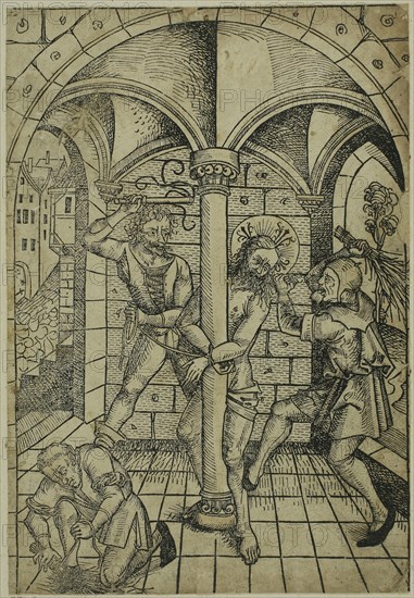 The Scourging of Christ (verso), The Israelites Enslaved in Egypt (recto), pages 70 and 69, from the Treasury (Schatzbehalter), 1491, Michael Wolgemut and Workshop (German, 1434/37–1519), published by Anton Koberger (German, 1440–1513), Germany, Woodcut on cream laid paper, laid down on ivory wove album sheet, 250 x 170 mm (image/block/sheet), 445 x 295 mm (album sheet)