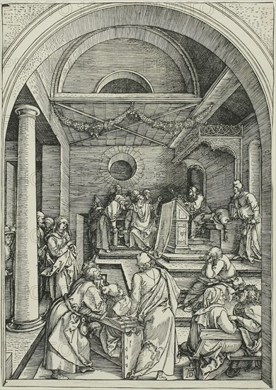 Christ Among the Doctors, from The Life of the Virgin, c. 1503, Albrecht Dürer, German, 1471-1528, Germany, Woodcut in black on ivory laid paper, 293 x 208 mm