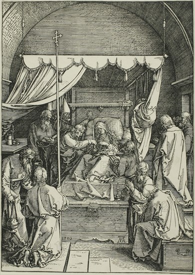 The Death of the Virgin, from The Life of the Virgin, 1510, published 1511, Albrecht Dürer, German, 1471-1528, Germany, Woodcut in black on ivory laid paper, 293 x 208 mm