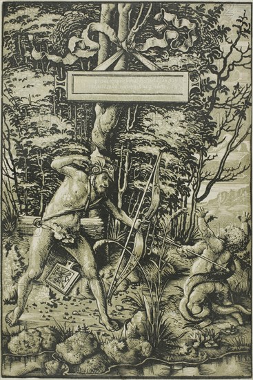 Alcon Slaying the Serpent, 1510–15, Hans Wechtlin, I, German, 1480/85-after 1526, Germany, Chiaroscuro woodcut printed from two blocks in black and olive green on cream laid paper, 274 x 183 mm (image/block/sheet)