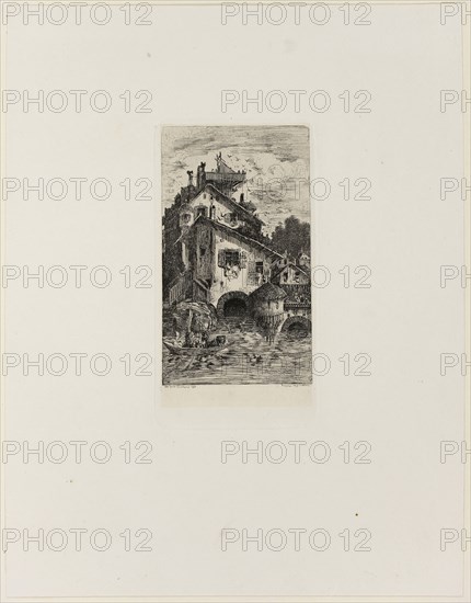 Watermill, 1866, Rodolphe Bresdin, French, 1825-1885, France, Etching on cream China paper laid down on white wove paper, 141 × 82 mm (image), 168 89 mm (plate), 326 × 252 mm (sheet)