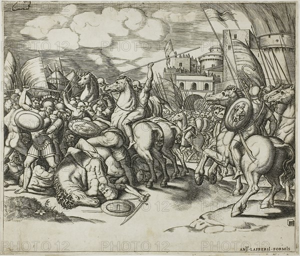 The Victory of Scipion over Syphax, c. 1532, Master of the Die, Italian, active c. 1530–1560, Italy, Engraving on paper, 211 x 246 mm