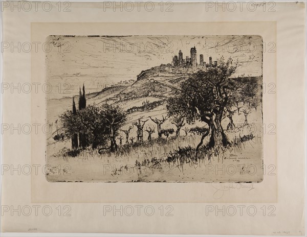 Towers of San Gimignano, Outside theWalls, 1883, Joseph Pennell, American, 1857-1926, United States, Etching on cream wove paper, 216 x 320 mm (plate), 342 x 440 mm (sheet)