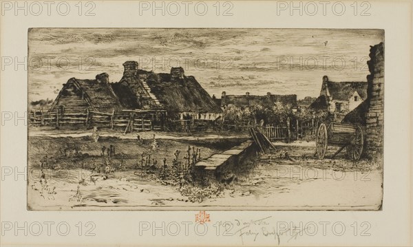 The Large Thatched Cottages, 1881, Félix Hilaire Buhot, French, 1847-1898, France, Etching and drypoint on ivory laid paper, 139 × 273 mm (plate), 310 × 445 mm (sheet)
