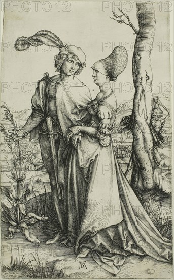 Young Couple Threatened by Death (The Promenade), about 1498, Albrecht Dürer, German, 1471-1528, Germany, Engraving in black on ivory laid paper, 198 x 123 mm