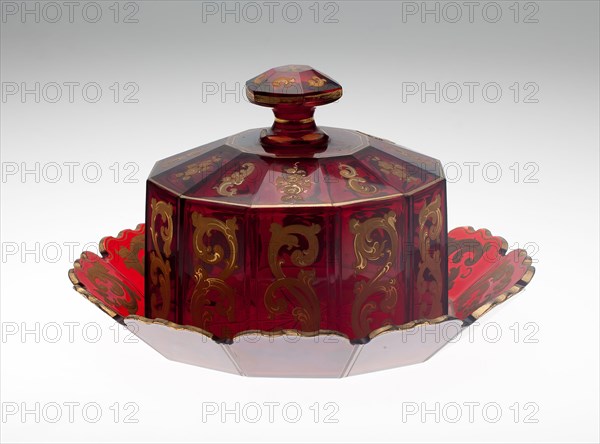 Cheese Dish and Cover, 19th century, Bohemia, Czech Republic, Bohemia, Glass, cut, stained red and gilded, H. 15.2 cm (6 in.)