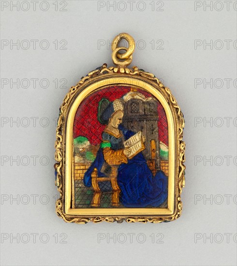 Reliquary Pendant of Saint Barbara, c. 1500, French or Netherlandish, France, Gold and enamel, 3.5 × 2.9 cm (1 3/8 × 1 1/8 in.)