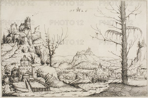 Landscape with a Fortress on a Hill, 1546, Augustin Hirschvogel, German, 1503-1553, Germany, Etching on paper, 142 x 213 mm