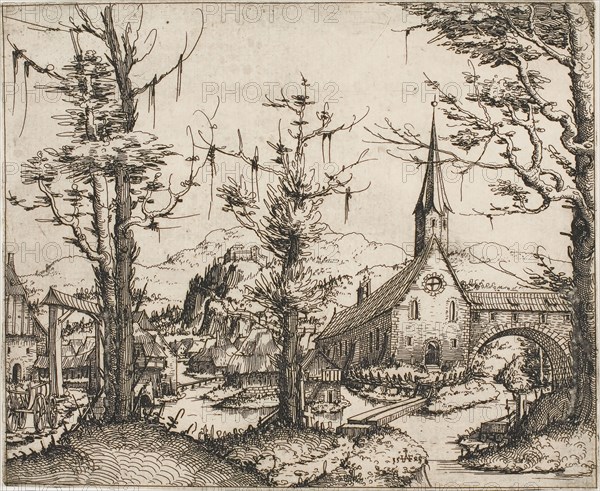 Landscape with a Church and Covered Bridge, 1545, Augustin Hirschvogel, German, 1503-1553, Germany, Etching on paper, 152 x 185 mm