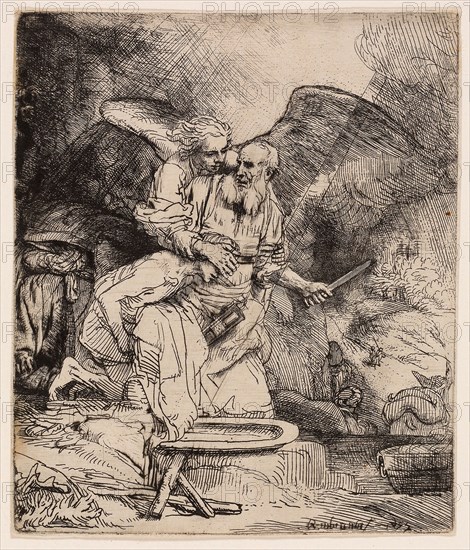 Abraham’s Sacrifice, 1655, Rembrandt van Rijn, Dutch, 1606-1669, Holland, Etching and drypoint on white laid paper, 154 x 131 mm (image/plate), 157 x 132 mm (sheet)