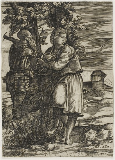 Shepherd and Old Warrior, 1517, Domenico Campagnola, Italian, c. 1500-1564, Italy, Engraving, on paper, 133 x 95 mm