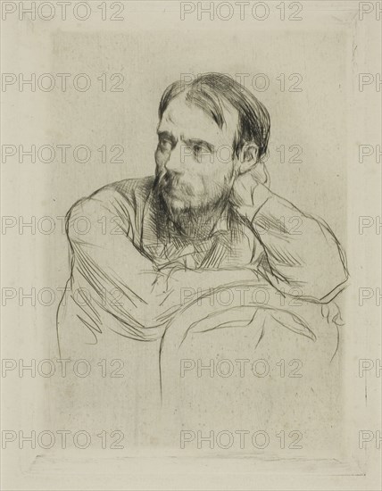 Portrait of Renoir, 1877, Marcellin Gilbert Desboutin, French, 1823-1902, France, Drypoint with plate tone on cream laid paper, 160 × 118 mm (plate), 367 × 267 mm (sheet)
